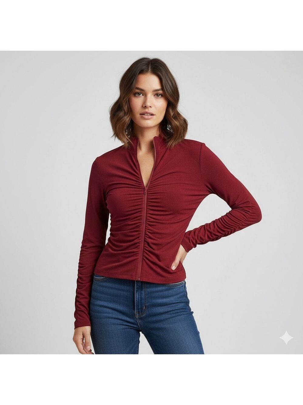 Sympli Ruched Zip Up Jacket Size 10 Red Stretchy 2 Ply